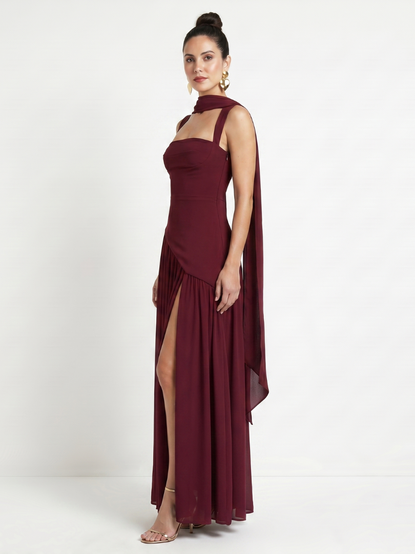 Women's Formal Evening Maxi Gown | with Matching Neck Scarf and High Slit