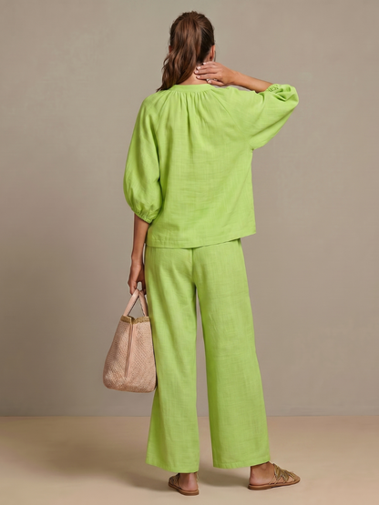Women’s Casual Summer Co-Ord Set | Zip-Front Blouse and Wide-Leg Pants