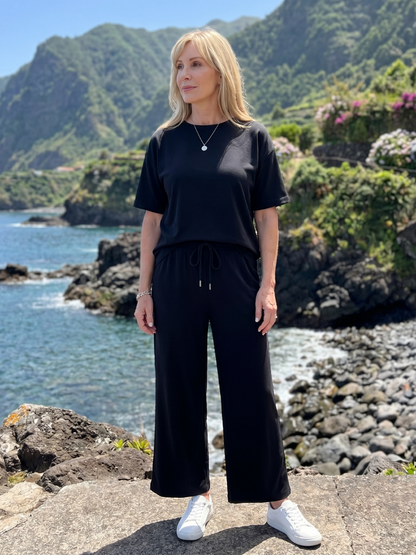 Women's 2-Piece Lounge Set | Short Sleeve Top and Wide Leg Pants