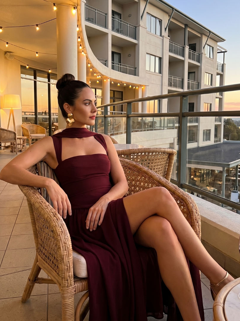 Women's Formal Evening Maxi Gown | with Matching Neck Scarf and High Slit