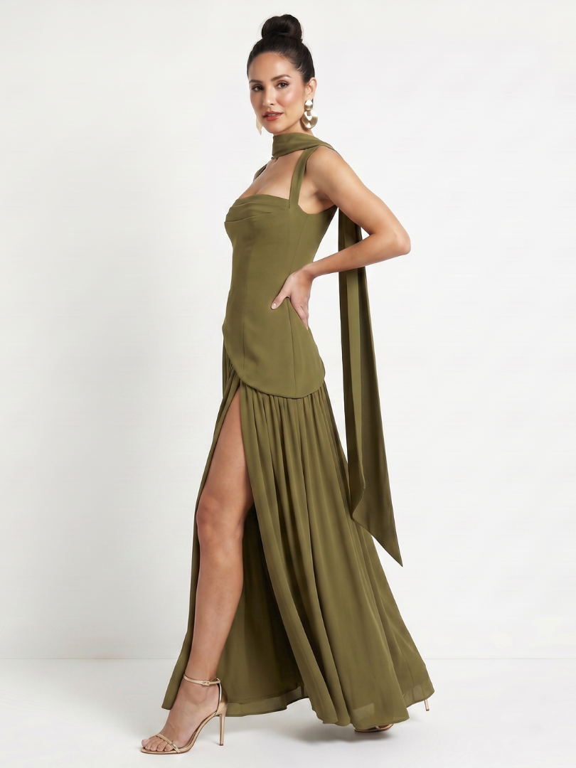 Women's Formal Evening Maxi Gown | with Matching Neck Scarf and High Slit