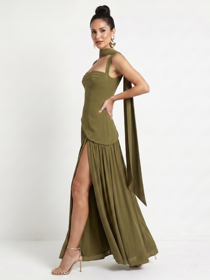 Women's Formal Evening Maxi Gown | with Matching Neck Scarf and High Slit
