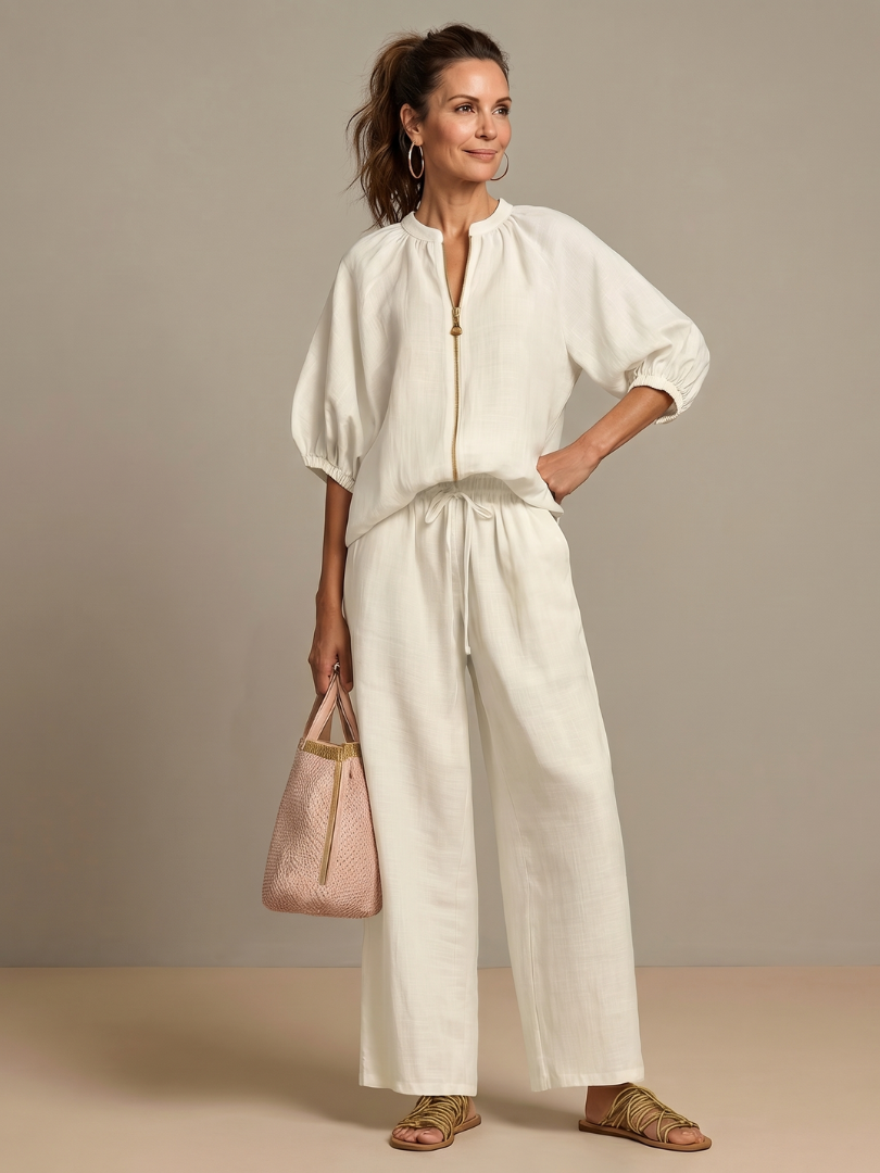 Women’s Casual Summer Co-Ord Set | Zip-Front Blouse and Wide-Leg Pants