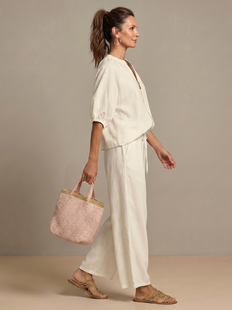 Women’s Casual Summer Co-Ord Set | Zip-Front Blouse and Wide-Leg Pants