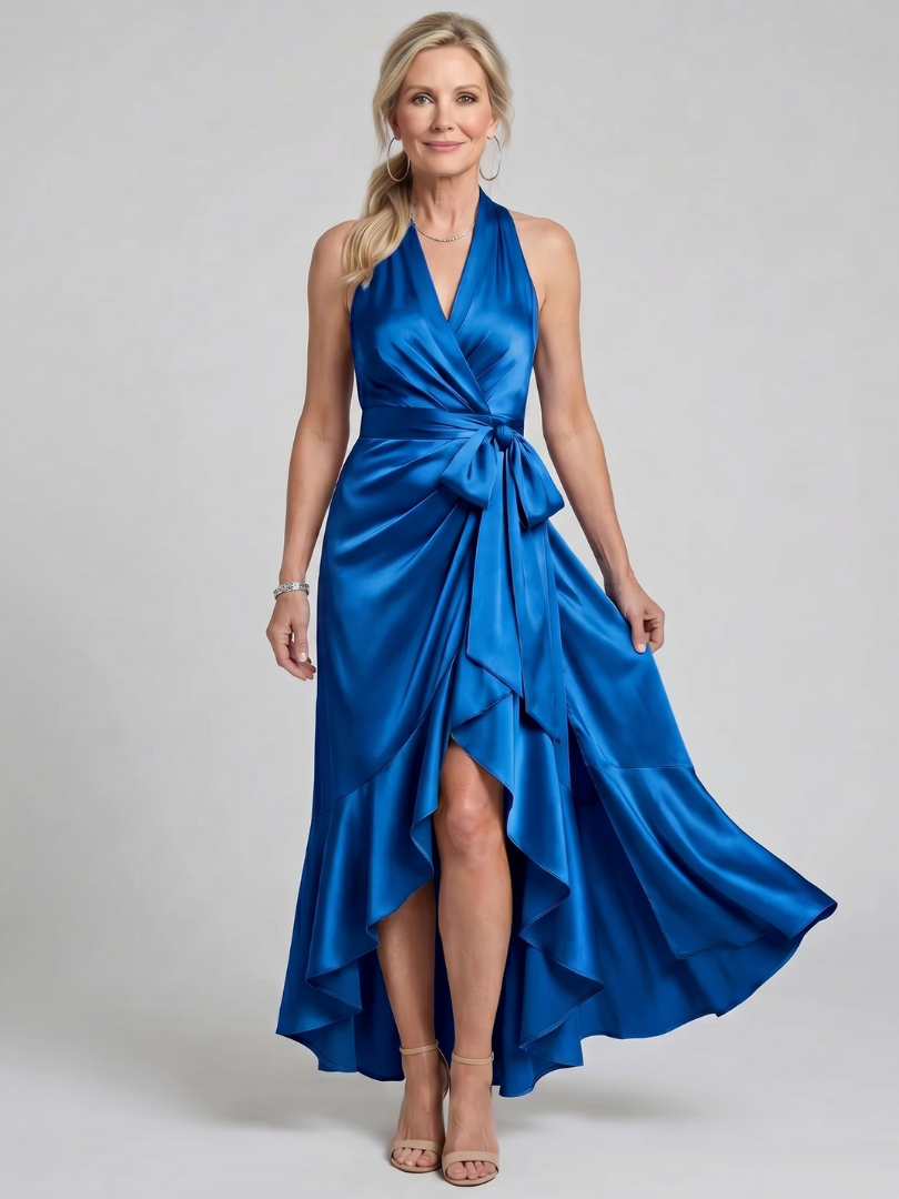 Women's Halter Neck Ruffle Evening Gown | Wrap Maxi Dress