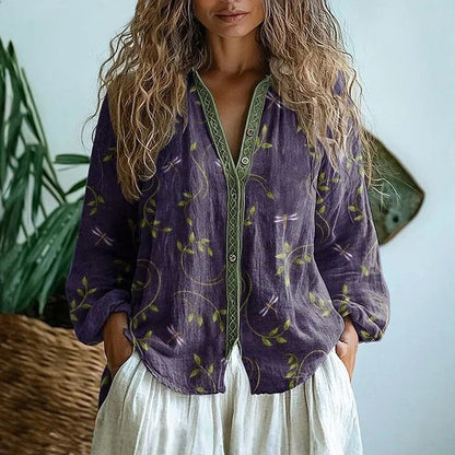Women’s Boho V-Neck Printed Blouse | Long Sleeve