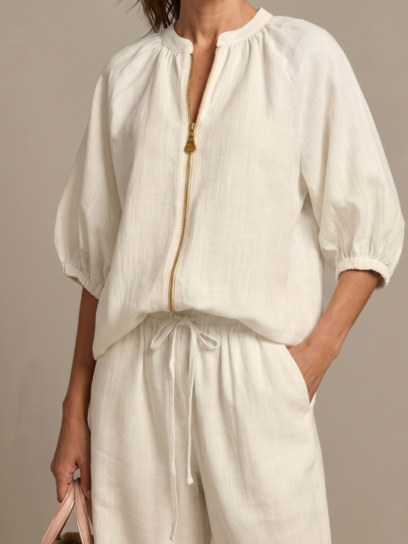 Women’s Casual Summer Co-Ord Set | Zip-Front Blouse and Wide-Leg Pants