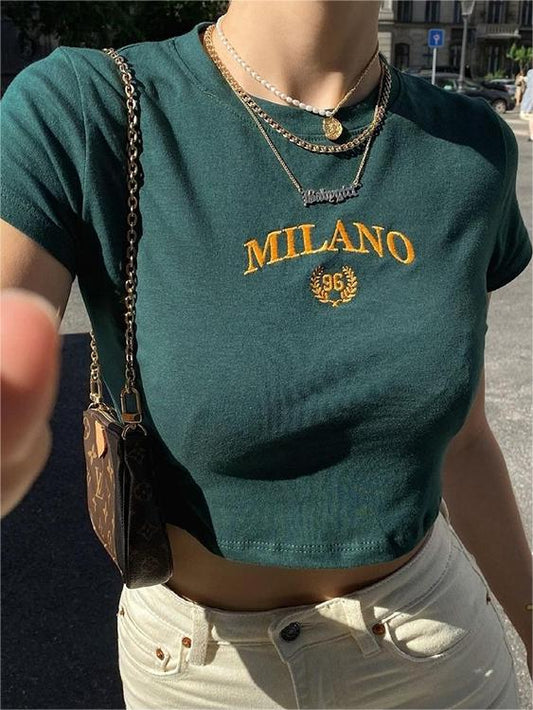 Green Short Sleeve Crop Top with Embroidered Slogan