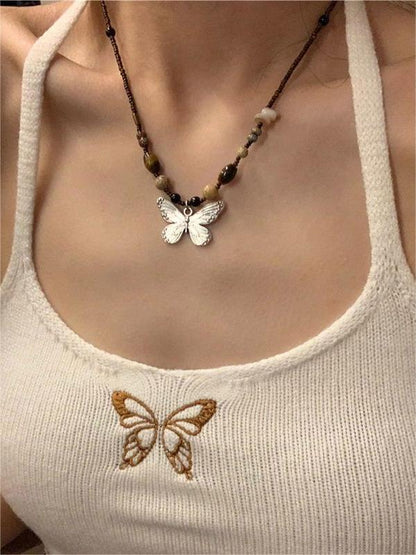 Vintage kralen stenen vlinder ketting