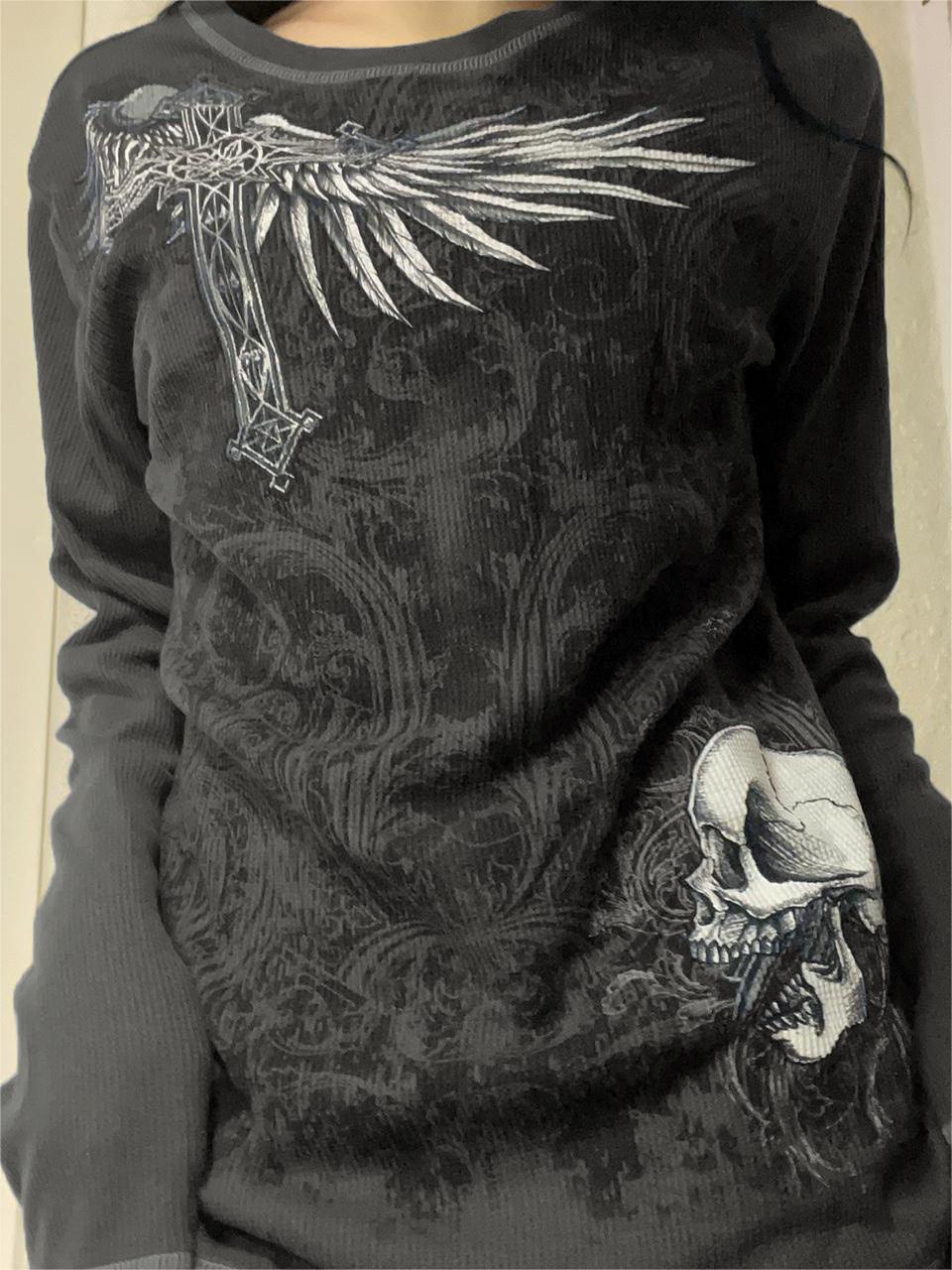 Vintage Punk Long Sleeve Knit Top with Skull Print