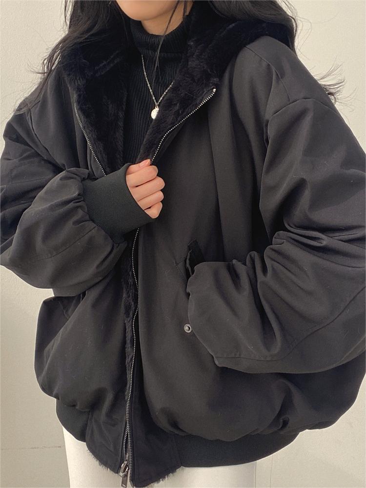 Reversible Oversize Black Fleece Jacket with Hood