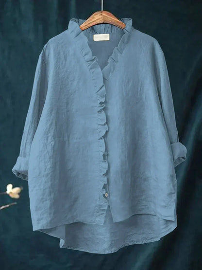Women's Oversized Ruffle V-Neck Blouse | Long Sleeve