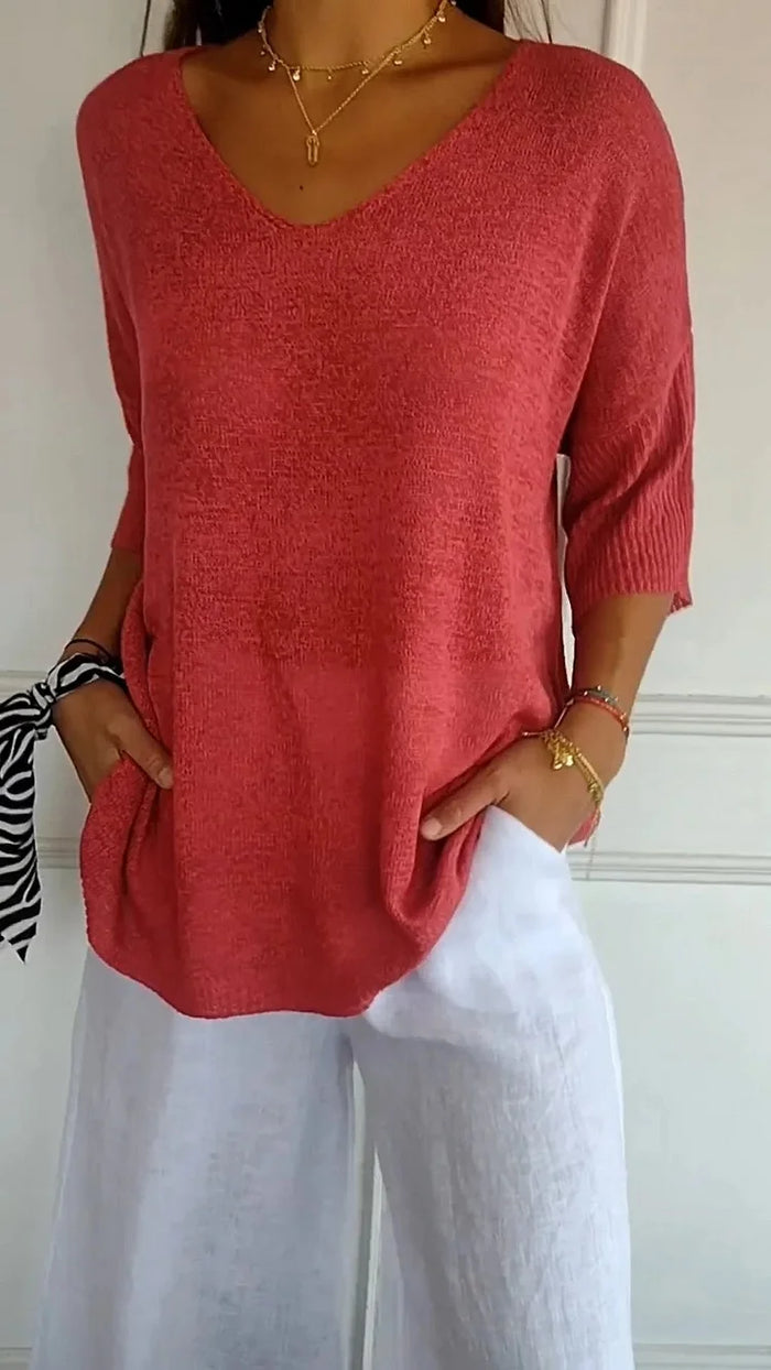 Women's Casual V-Neck T-Shirt | 3/4 Sleeves