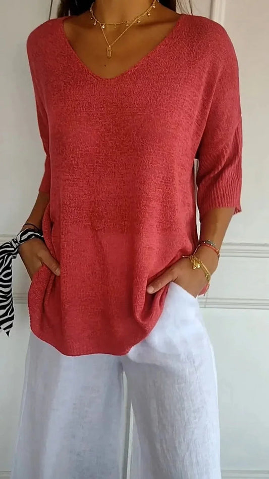 Women's Casual V-Neck T-Shirt | 3/4 Sleeves