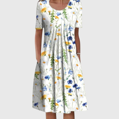 Women’s Floral Short Sleeve Midi Dress | with Pockets