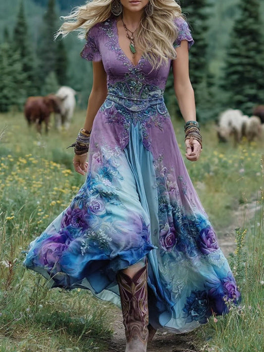 Women's Bohemian V-Neck Floral Maxi Dress | Short Sleeve
