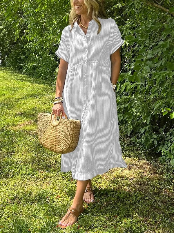 Women’s Striped Summer Midi Shirt Dress | with Pockets
