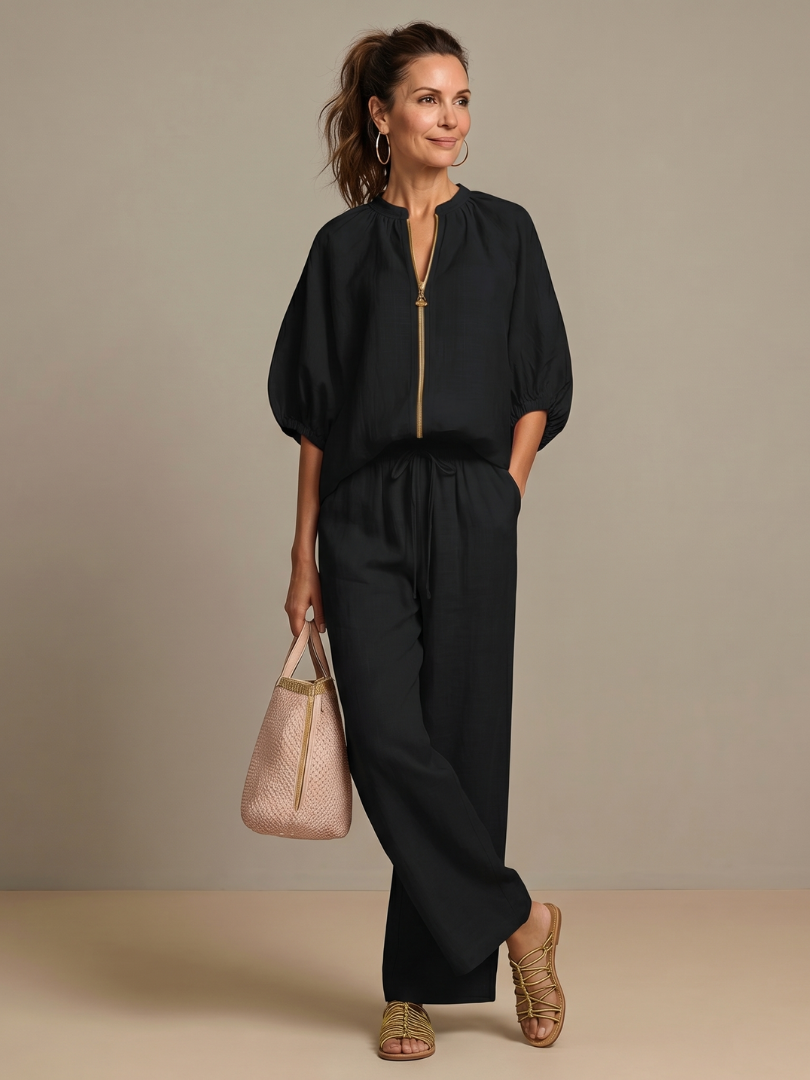 Women’s Casual Summer Co-Ord Set | Zip-Front Blouse and Wide-Leg Pants
