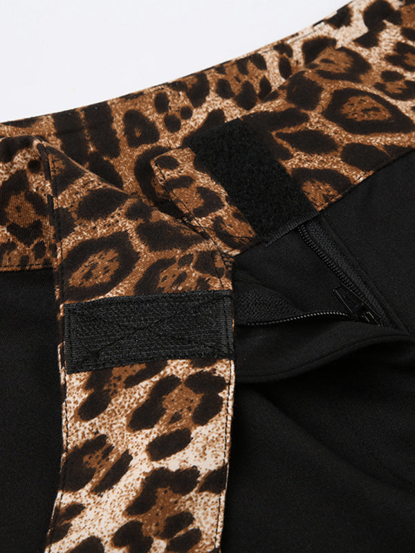 Pantalon évasé à taille élastique et épissure léopard