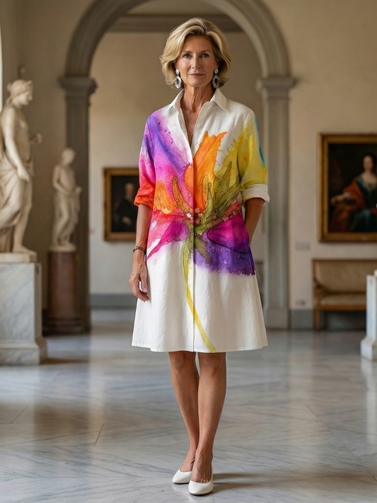 Women's Vibrant Art-Print Shirt Dress | Midi