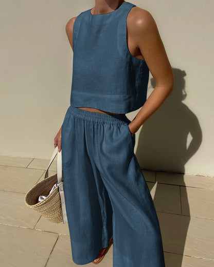 Women's Two-Piece Casual Matching Set | Cropped Top and Wide-Leg Trousers