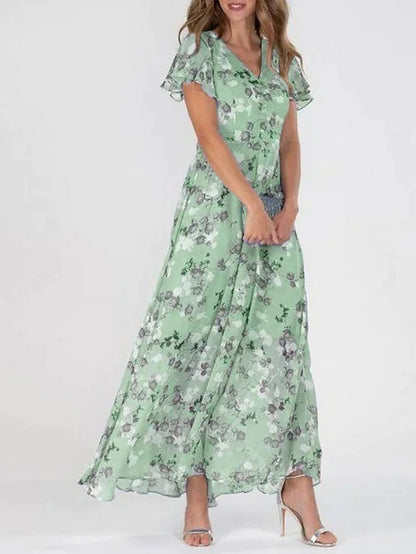 Women's Floral V-Neck Flutter Sleeve Summer Dress | Maxi