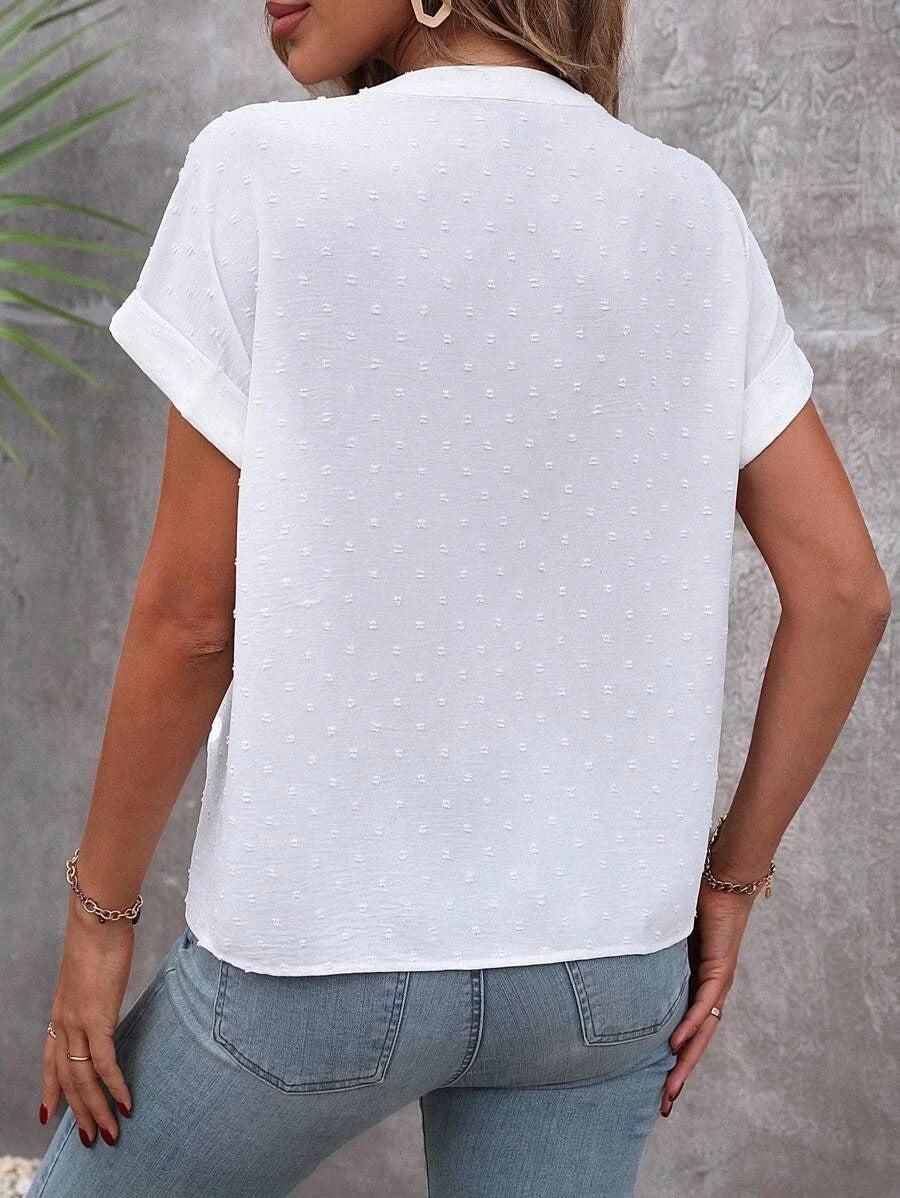 Women's Casual White V-Neck Button-Up Blouse | Short Sleeves