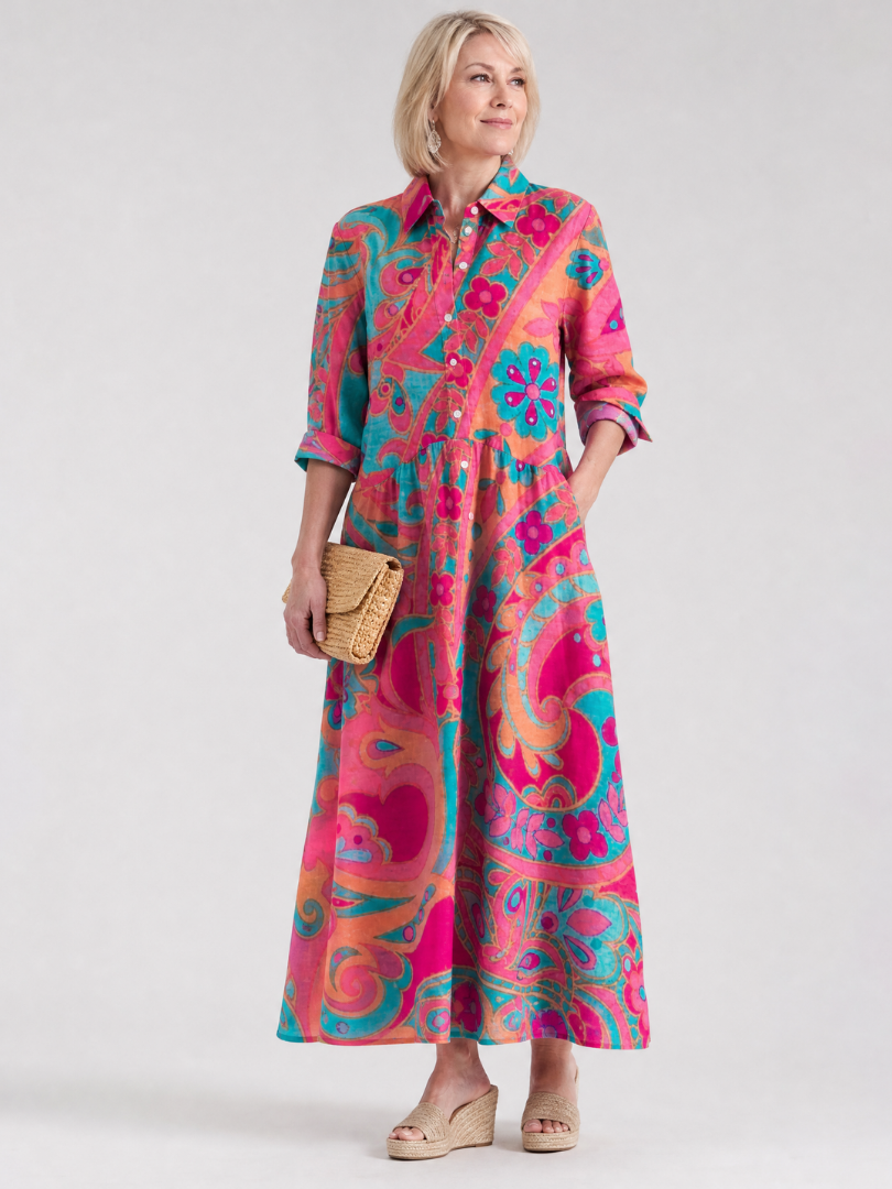 Women's Colorful Floral Print Collared Midi Dress | with Pockets