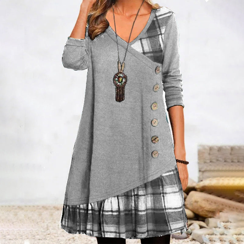 Women's Checkered Long Sleeve Button Dress | Midi