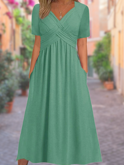 Women’s Casual V-Neck A-Line Midi Dress | with Pockets