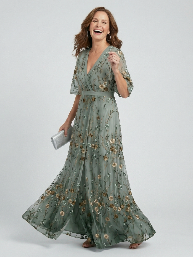 Women's Sage Green Floral Maxi Dress | with Flutter Sleeves