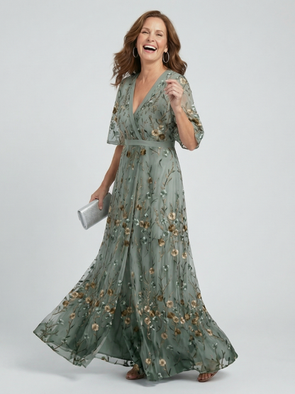 Women's Sage Green Floral Maxi Dress | with Flutter Sleeves