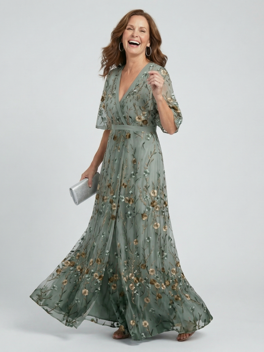 Women's Sage Green Floral Maxi Dress | with Flutter Sleeves
