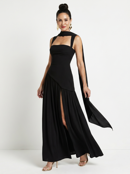 Women's Formal Evening Maxi Gown | with Matching Neck Scarf and High Slit