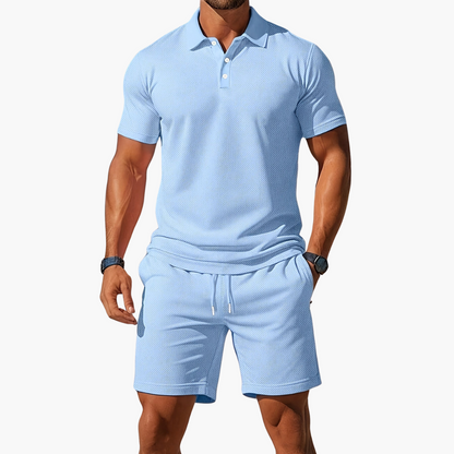 Men's Short-Sleeve Polo Shirt and Shorts with Drawstring | Two-Piece Set