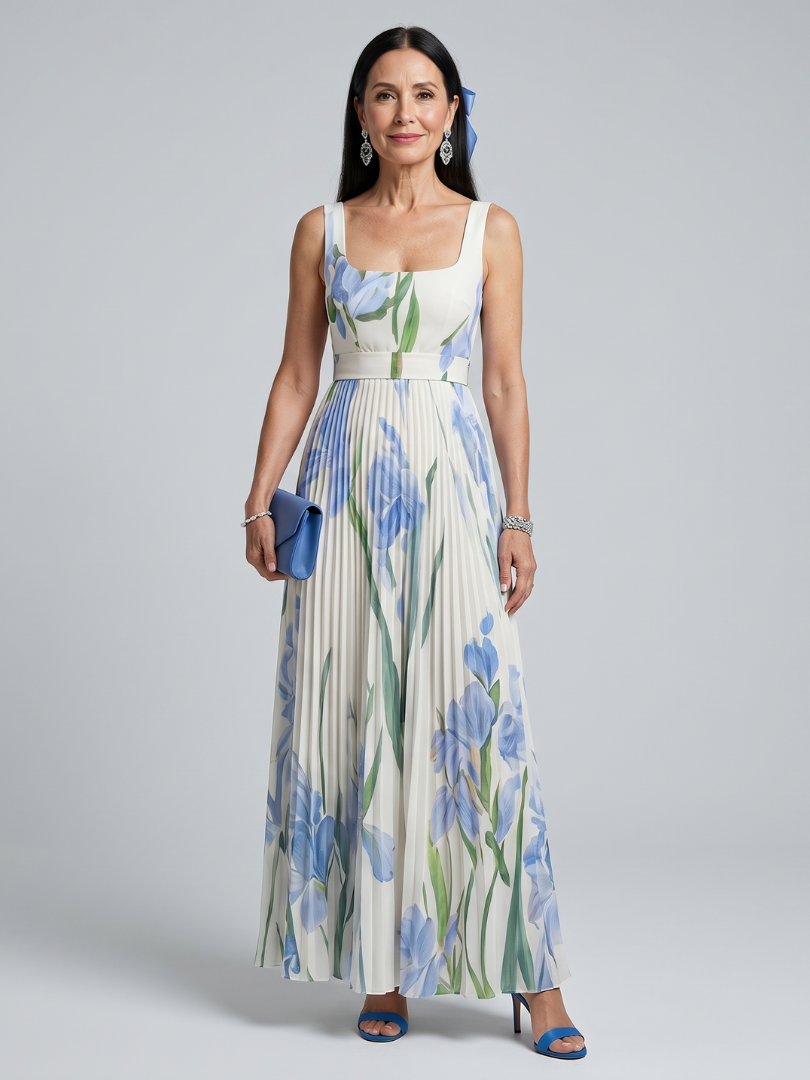 Women's Square Neck Floral Print Pleated Dress | Maxi