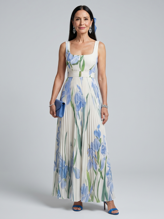 Women's Square Neck Floral Print Pleated Dress | Maxi