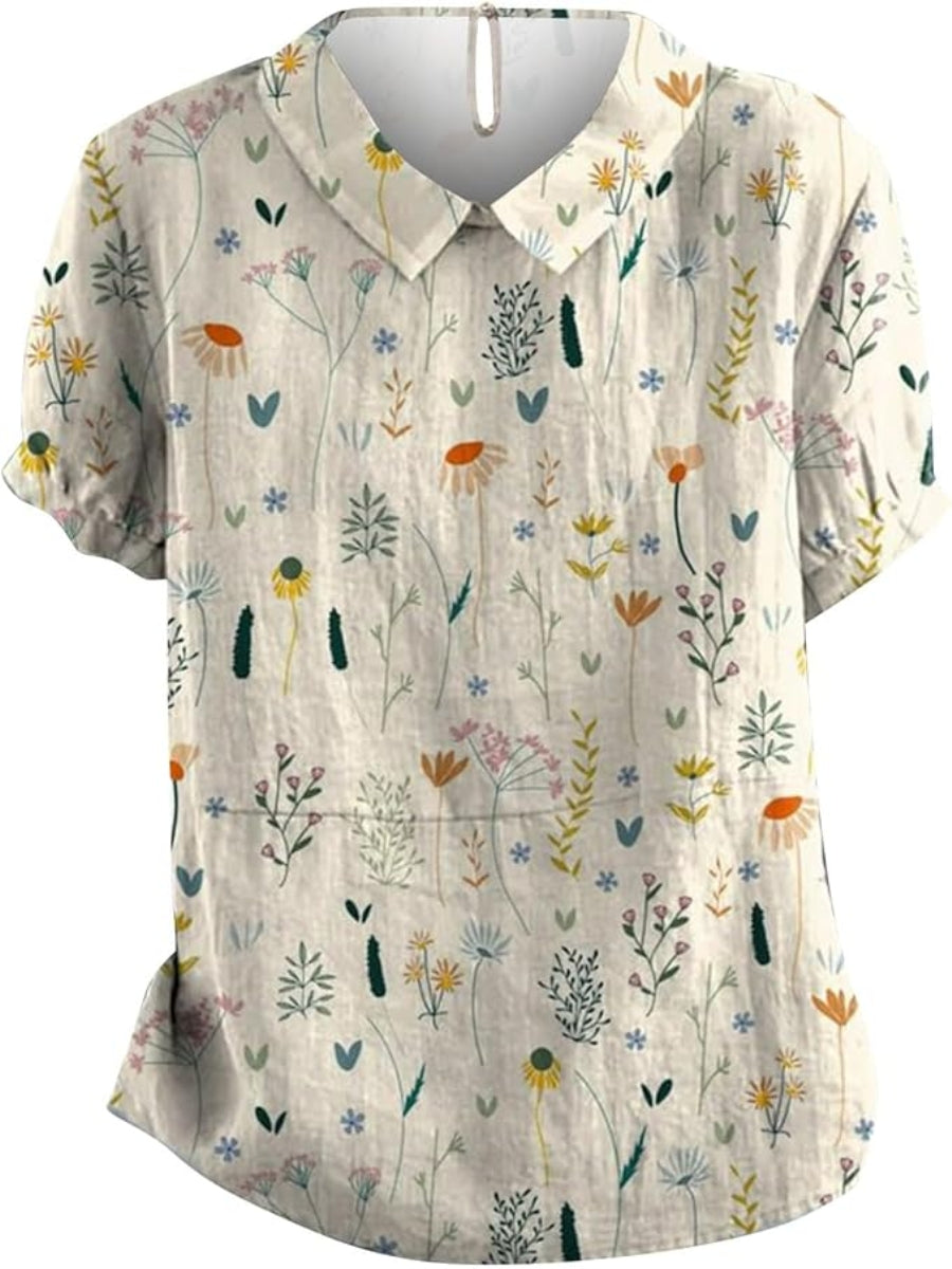 Women's Floral Pattern Short-Sleeve Blouse | with Collar