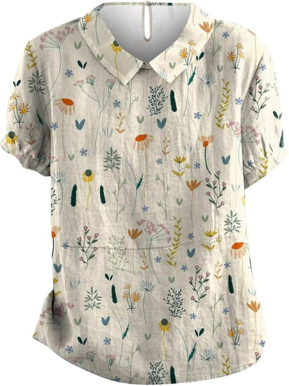 Women's Floral Pattern Short-Sleeve Blouse | with Collar