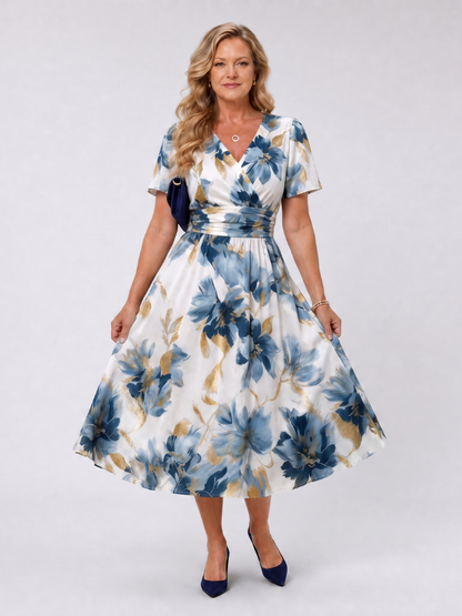 Women's Floral V-Neck A-Line Midi Dress | with Short Sleeves
