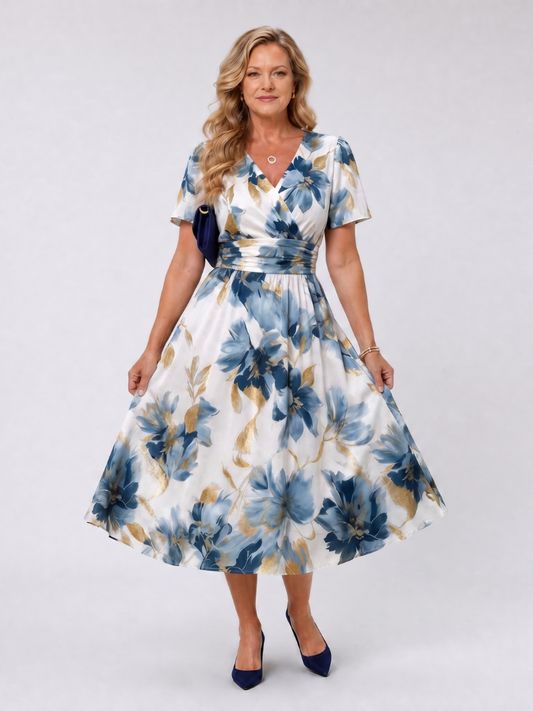 Women's Floral V-Neck A-Line Midi Dress | with Short Sleeves