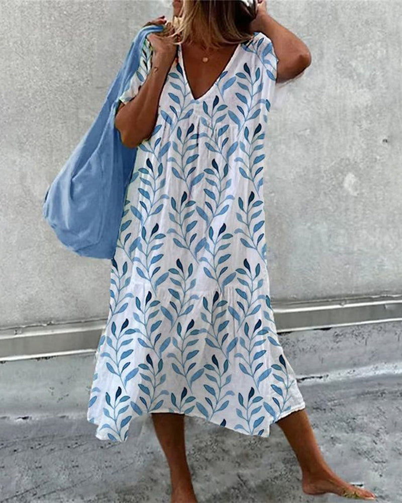 Women's V-Neck Leaf Print Summer Dress | Midi
