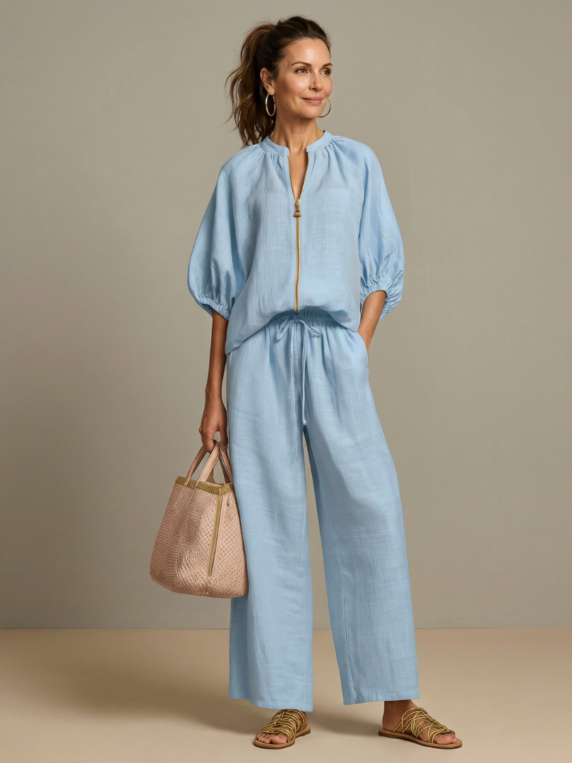 Women’s Casual Summer Co-Ord Set | Zip-Front Blouse and Wide-Leg Pants