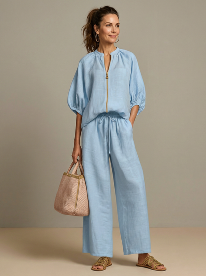 Women’s Casual Summer Co-Ord Set | Zip-Front Blouse and Wide-Leg Pants