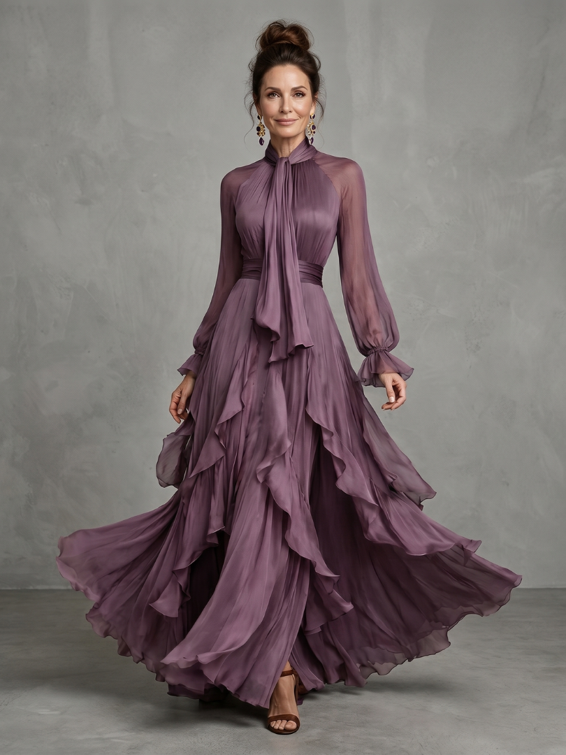 Women's Purple Mock Neck Ruffle Maxi Dress | with Tie-Neck