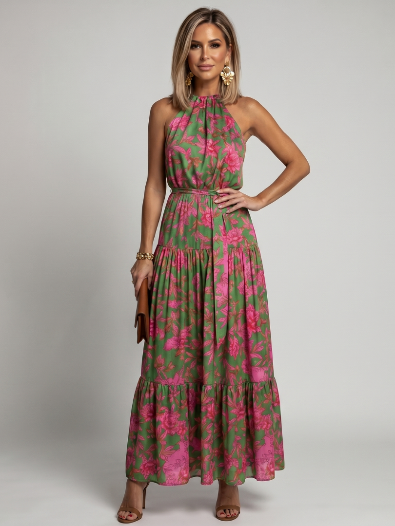 Women's Pink and Green Floral Halter Neck Maxi Dress | Summer