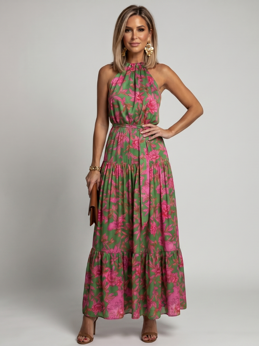 Women's Pink and Green Floral Halter Neck Maxi Dress | Summer
