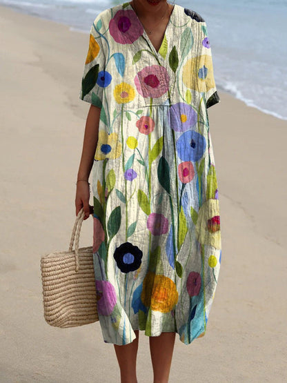 Women's Floral Pattern V-Neck Summer Dress | Midi