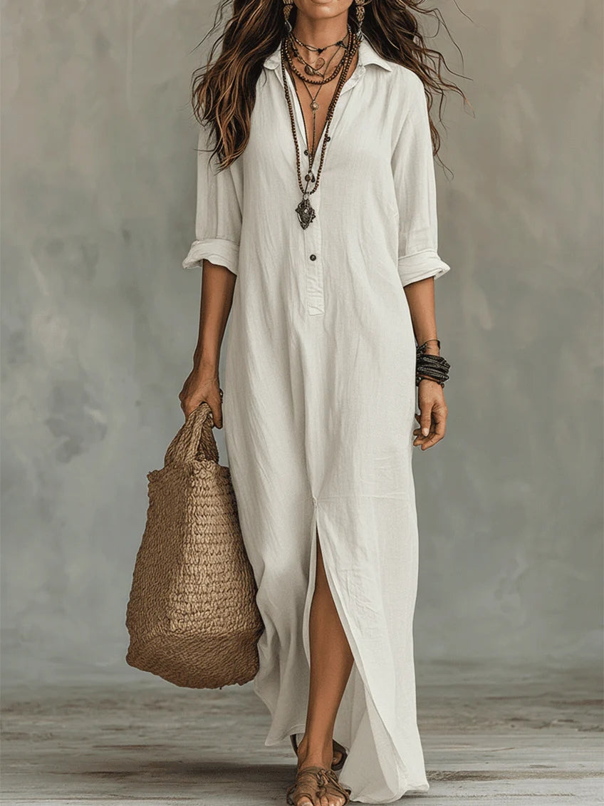 Women's Bohemian Maxi Shirt Dress | V-Neck