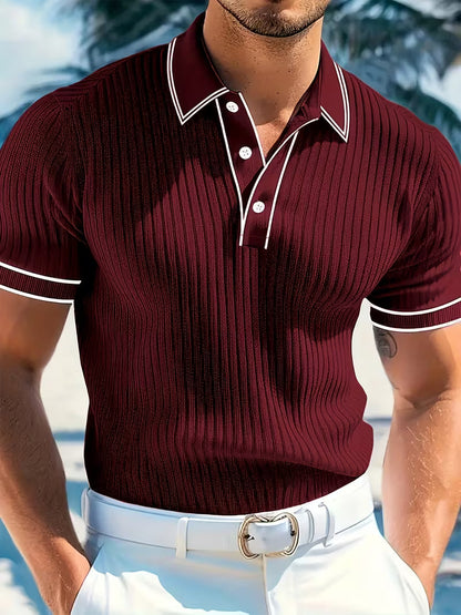 Men's Slim Fit Ribbed Knit Polo Shirt | Short Sleeve
